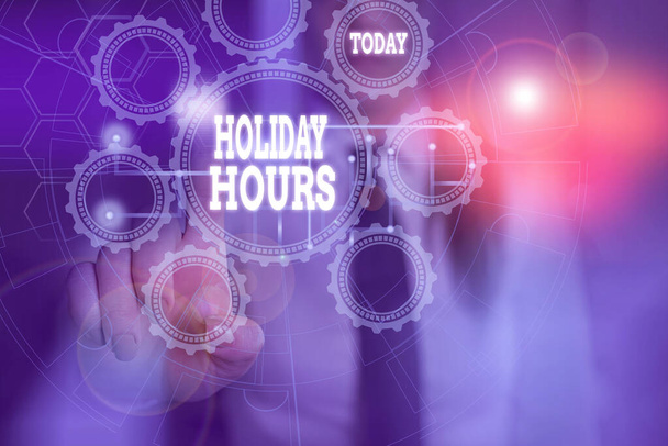 Handwriting text writing Holiday Hours. Concept meaning employee receives twice their normal pay for all hours Picture photo system network scheme modern technology smart device. - 写真・画像