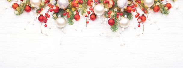 Christmas composition on white wooden background. - Photo, Image