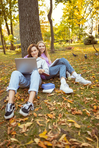 Cheerful students spending their break in park - Фото, изображение