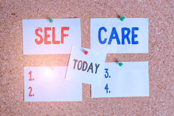 Text sign showing Self Care. Conceptual photo the practice of taking action to improve one s is own health Corkboard color size paper pin thumbtack tack sheet billboard notice board. - Photo, Image