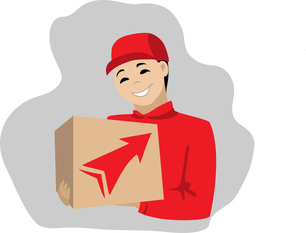 Trabajador de mensajería entrega un paquete en una caja
 - Vector, imagen