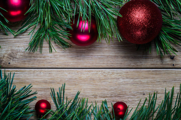 Christmas composition, congratulation card, balls, branches, serpentine, Christmas toys on the background5 - Φωτογραφία, εικόνα