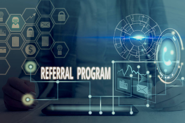 Conceptual hand writing showing Referral Program. Business photo showcasing employees are rewarded for introducing suitable recruits Picture photo network scheme with modern smart device. - Photo, Image