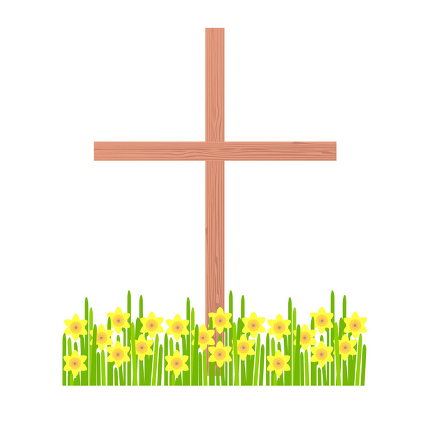 Wooden cross on white, yellow daffodils. Christian religion symbol object isolated for web, for print, for banner - Vector, Image