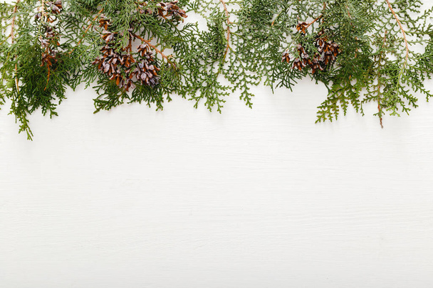 Rám z jedlových větví, hrboly na bílém dřevěném podstavci stolu. Vánoční kompozice. Vánoce, Vánoce, zima, novoroční koncept. Byt ležel, horní pohled, kopírovací prostor. Nulový plýtvání Vánoce. - Fotografie, Obrázek