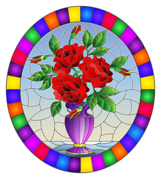 Illustration en vitrail avec nature morte florale, bouquet de roses rouges dans un vase violet sur fond bleu, image ovale dans un cadre lumineux
 - Vecteur, image