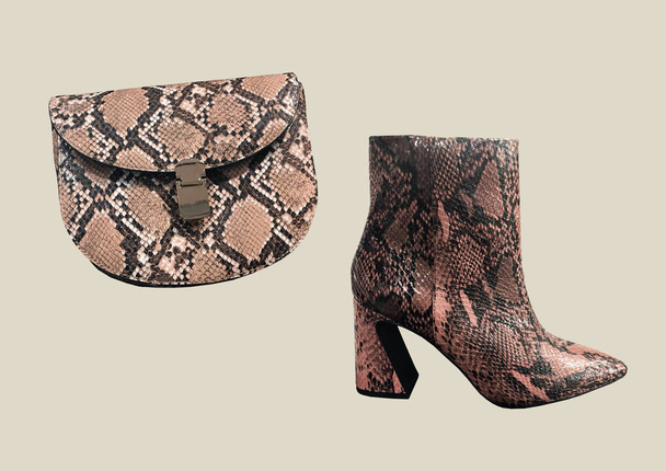 Skład akcesoriów. Brown Snake Clutch and Snakeskin Cowboy Boots izolowane na brązowym tle.Close View Of Fashion Rekreacyjne damskie buty. Kolaż mody. Koncepcja sztandaru. Modne ubrania - Zdjęcie, obraz