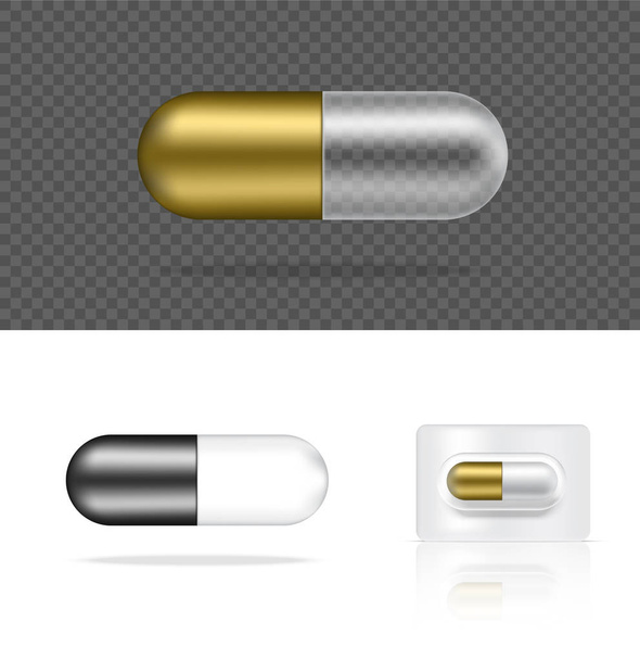 Mallina realistinen läpinäkyvä pilleri Medicine Gold ja hopea kapseli paneeli valkoinen tausta vektori kuvitus. Tabletit Lääketieteen ja terveyden käsite
. - Vektori, kuva