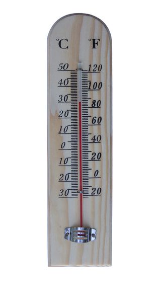Termómetro celsius fahrenheit de madera sobre blanco
 - Foto, Imagen