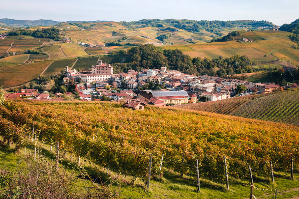View to Barolo from the vineyard. Langhe nebbiolo vineyards hills. Autumn landscape, Dolcetto,Nebbiolo, Barbera red wine. Tourism, travel destination. Viticulture in Piedmont, Italy - Photo, Image