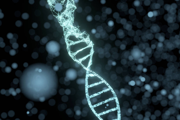 Částice DNA a rozptýlené zářící čáry, 3D vykreslování. - Fotografie, Obrázek