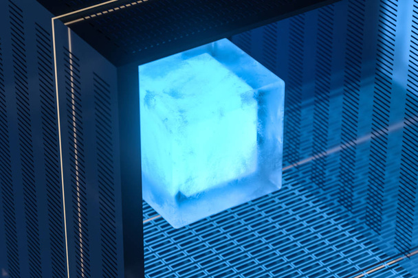 Cubo azul y dorado con material de vidrio, renderizado 3d
. - Foto, imagen