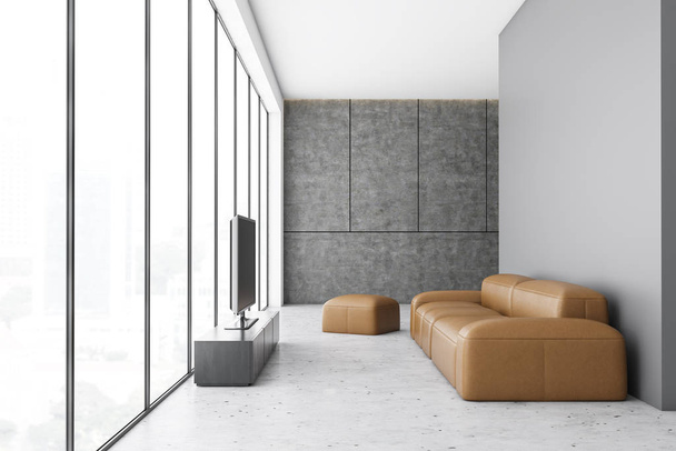 White living room with leather sofa and TV - Φωτογραφία, εικόνα