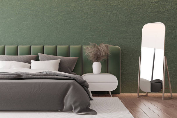 Dark green bedroom interior with mirror - Foto, Imagem