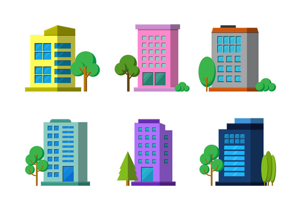 Flat colorful company building and tree on white background, Modern architecture construction vector - Vector, Image