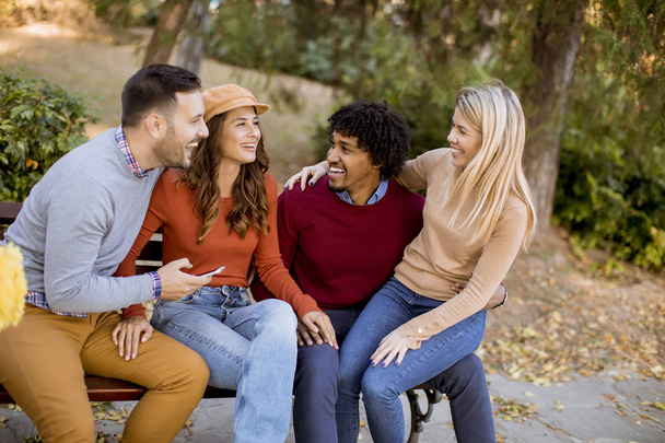 Groupe de jeunes amis multiethniques s'amusant au parc d'automne
 - Photo, image