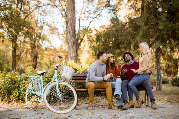 Ryhmä nuoria monikansallisia ystäviä hauskaa syksyllä puistossa
 - Valokuva, kuva
