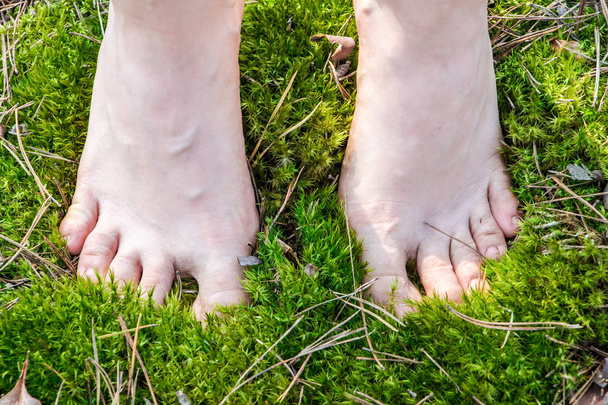 chica de pie descalzo pies en el musgo en el sol de la mañana
 - Foto, Imagen