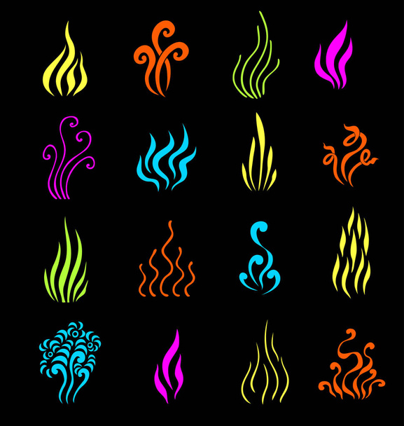 Συλλογή εικόνων Αρωμάτων. Σύμβολα του καπνίσματος ατμών και το μαγείρεμα οσμές σε στυλ γραμμή τέχνης πολύχρωμες αποχρώσεις - Διάνυσμα, εικόνα
