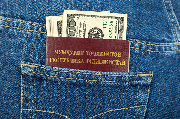 Takafarkkujen taskussa Tadzikistanin passi ja dollarin setelit - Valokuva, kuva