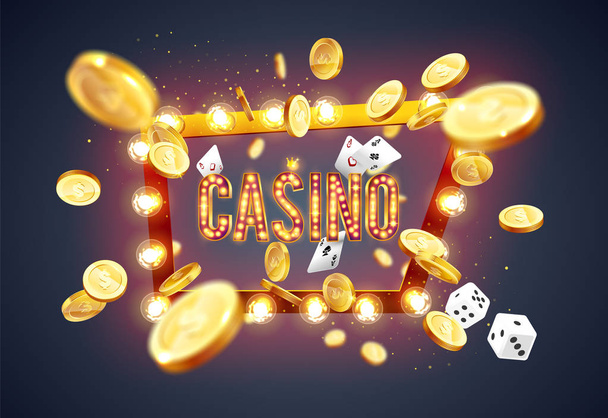 The word Casino, surrounded by a luminous frame and attributes of gambling, on a explosion background. The new, best design of the luck banner, for gambling, casino, poker, slot, roulette or bone. - Vecteur, image