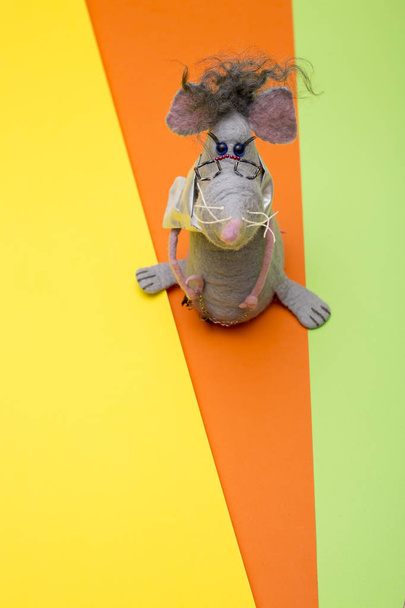 Krysa - měkká hračka z plstěné vlny na barevném pozadí - Fotografie, Obrázek