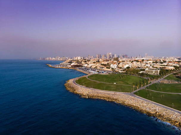 地中海の海岸からテルアビブのスカイライン-航空写真。Midron Yaffo Parkから旧ジャファとテルアビブの景色を背景に. - 写真・画像