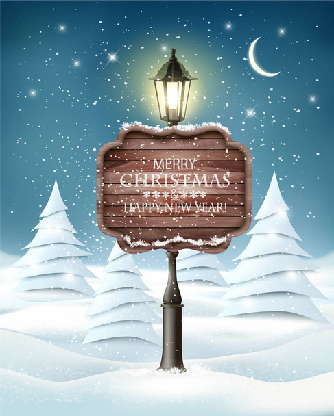 святковий вечір зимовий пейзаж з лампочкою та різдвяною ялинкою
 - Вектор, зображення