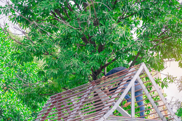 Зварювальник і художник допомагають побудувати двосхилий дах під великим манговим деревом
. - Фото, зображення