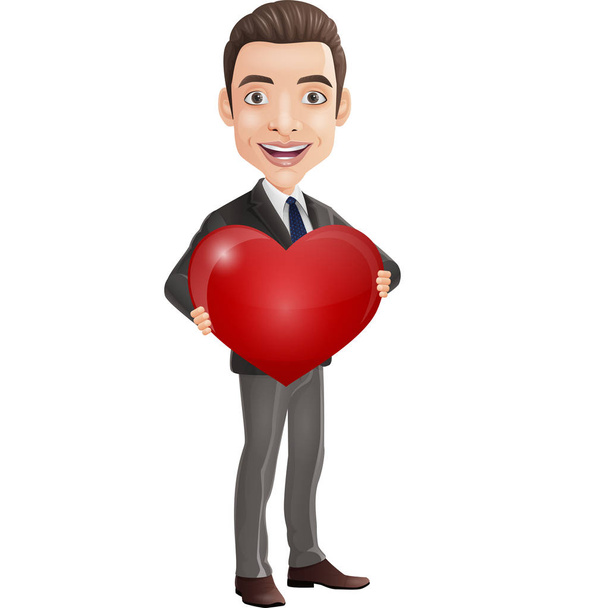 Vector illustration of Cartoon happy young businessman holding a red heart - Vektori, kuva