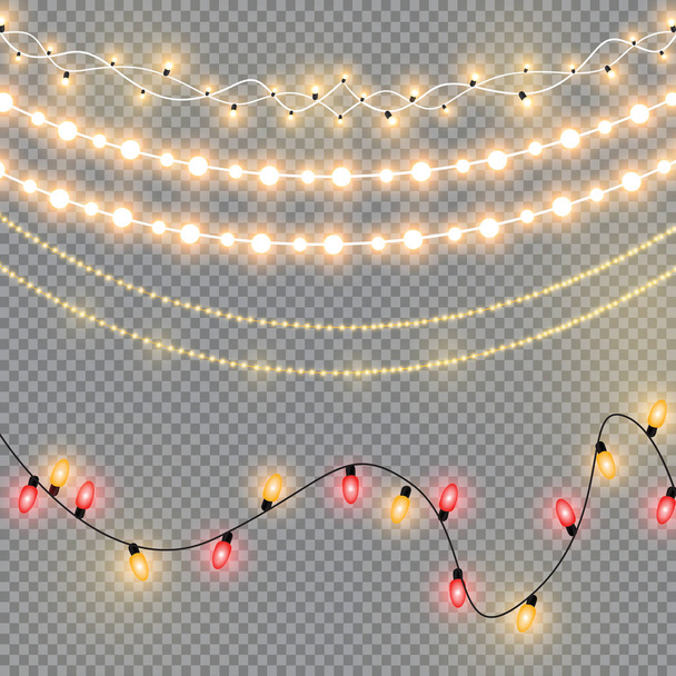 Leuchtende Weihnachtslichter isolierten realistische Gestaltungselemente. Girlanden, Weihnachtsdekoration Lichteffekte. Weihnachten Hintergrund mit abstrakten glänzenden Weihnachtsbaum, Sterne - Vektor, Bild