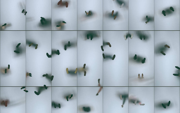 Silhouetten von Menschen auf einem Milchglasboden in der Ansicht von unten. transparenter Glasboden zwischen den Fußböden mit Reflexion menschlicher Beine. 3D-Darstellung. - Foto, Bild
