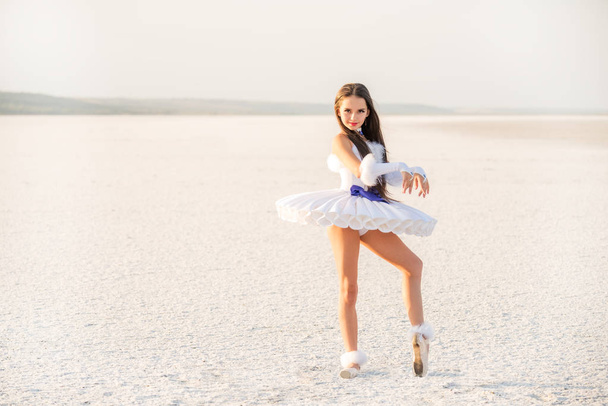 Tender young ballerina dancer in a snow-white tutu dress and white pointe shoes on a salty dried lake. Fantastic landscape and a girl  ballerina - Foto, immagini