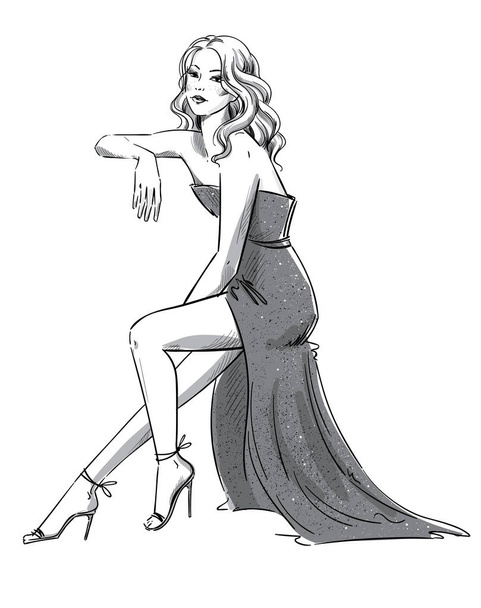 Fashion illustration of a young woman in an evening dress sittin - Vector, Image