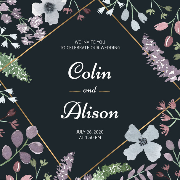 Elegante invitación floral de boda en acuarela
 - Vector, Imagen
