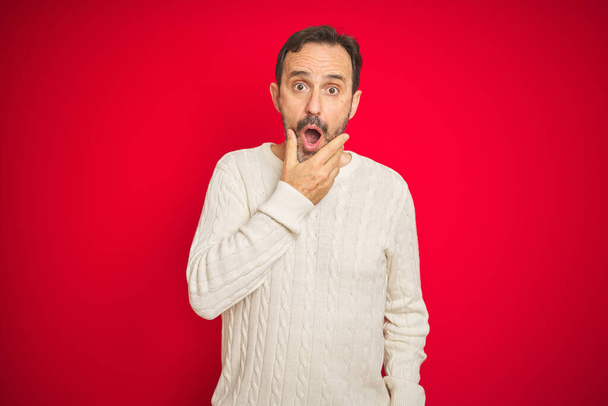 Handsome middle age senior man with grey hair over isolated red background Looking fascinated with disbelief, surprise and amazed expression with hands on chin - Foto, Bild