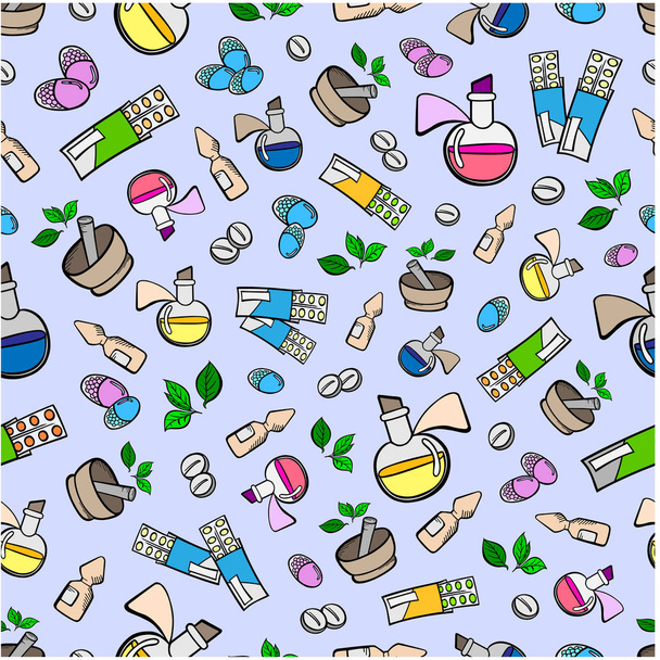 Medizin Muster kritzeln nahtlose farbige Skizze Hintergrund Illustration Tapete Apotheker - Vektor, Bild