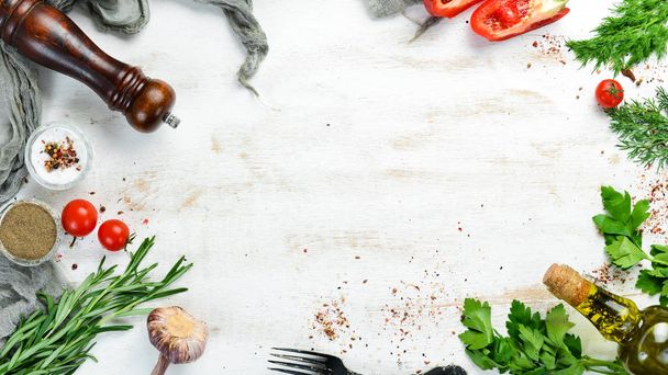 White wooden background of cooking. Vegetables and Ingredients. Top view. Free space for your text. - Fotoğraf, Görsel