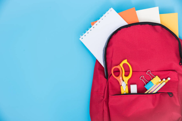 Top view Red bag backpack for education children - Foto, Imagem
