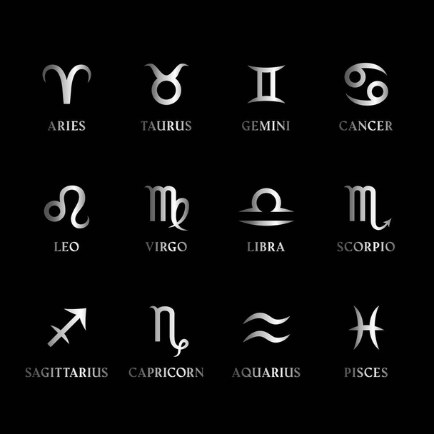 Conjunto de signos e símbolos do zodíaco de metal prateado com nomes no fundo preto. Horóscopo, ícones da astrologia. Doze constelações isoladas. Vetor
. - Vetor, Imagem