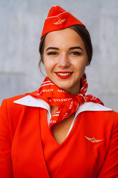RUSSIA, SAMARA: 08 AUGUST 2019. Sexy stewardess dressed in offic - Valokuva, kuva