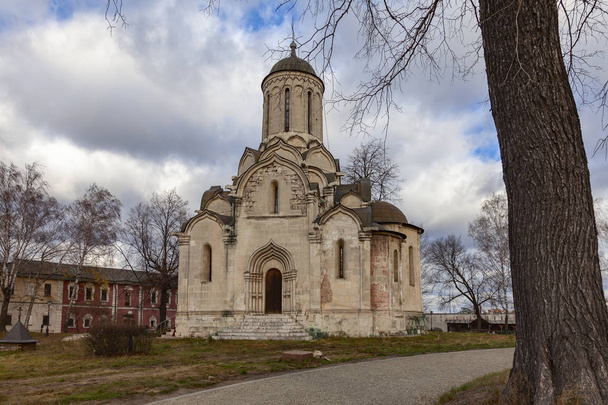 An old Orthodox church with sprinkling stucco against a picturesque cloudy sky. In the foreground is a tree - Photo, image