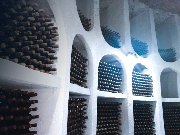 Bottiglie di vino spolverate su scaffali in cantine di cantina - Foto, immagini