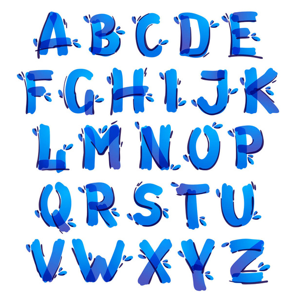 Οικολογικό αλφάβητο με μπλε σταγόνες νερού γραμμένο με στυλό τσόχας. - Διάνυσμα, εικόνα