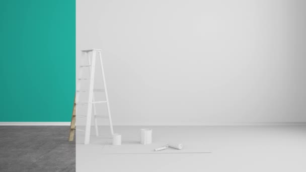 abstracte kleurrijke strip in gerenoveerde woonkamer met ladder en verfemmers - 3d rendering - Video
