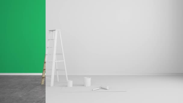 abstrakte bunte Streifen im renovierten Wohnzimmer mit Leiter und Farbeimern - 3D-Rendering - Filmmaterial, Video