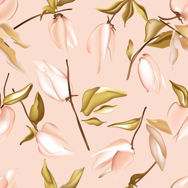 Seamless pastel peach vector Floral Pattern with foliage jungle elements. Tender pink soft simple colors flowers background. Floral summer botany  nature art - Vektor, Bild