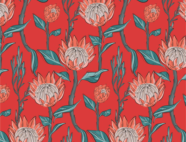 Red Protea with leaves seamless pattern design. Hand-drawn flower sketch. Botanical line art drawing, seamless foliage background. Design  website cover, fabrics background - Vector, Imagen