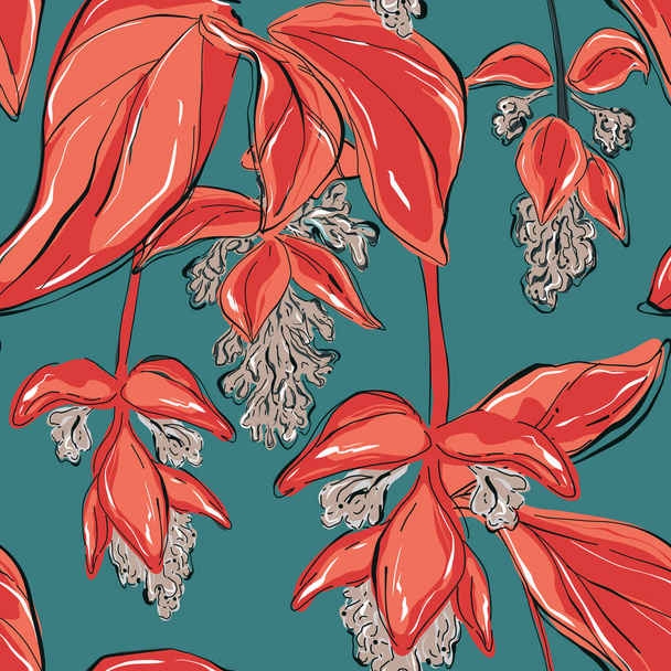 Beautiful red seagreen vintage Floral pattern. Tropical exotic flowers botanical Motifs vertical print. Seamless vector texture fashion prints in vector - Vecteur, image