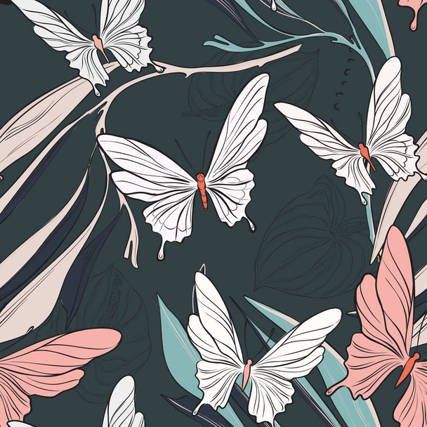 Geometric repetiotion butterfly pattern on dark wallpaper. Spring machaon and plants background. Seamless surface insect nature art - Vector, Imagen